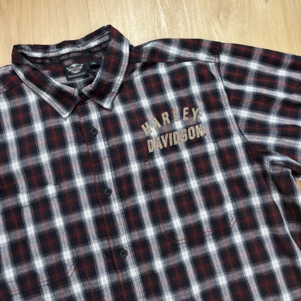 Harley Davidson Men's 3XL Short Sleeve Plaid Shirt Red Black Patchwork